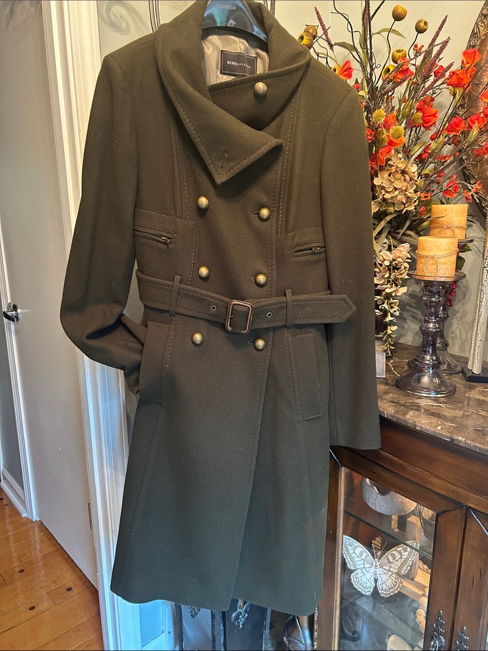 BCBGMaxAzria Olive Green Double-Breasted Belted Wool Coat